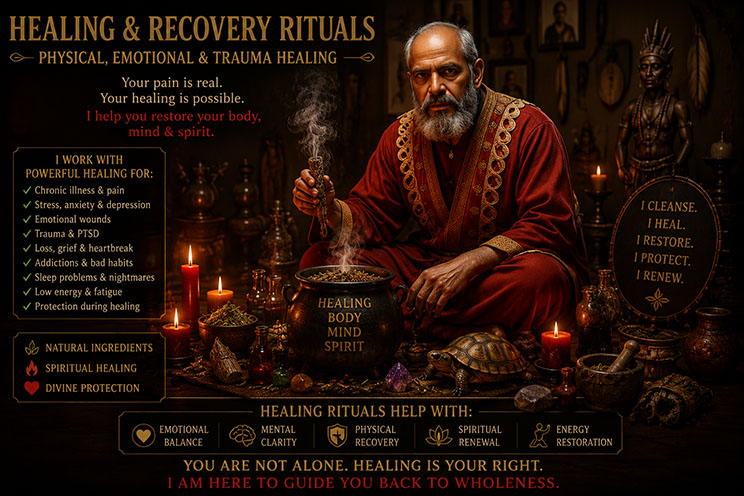 Louis Voodoo Priest lighting healing candles with herbs and white flowers